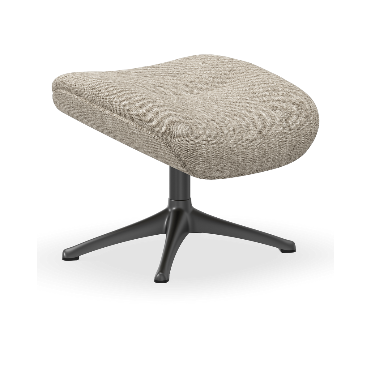 Beige polstret fodskammel med buet sæde og sort firestjernet base, frilagt på hvid baggrund.