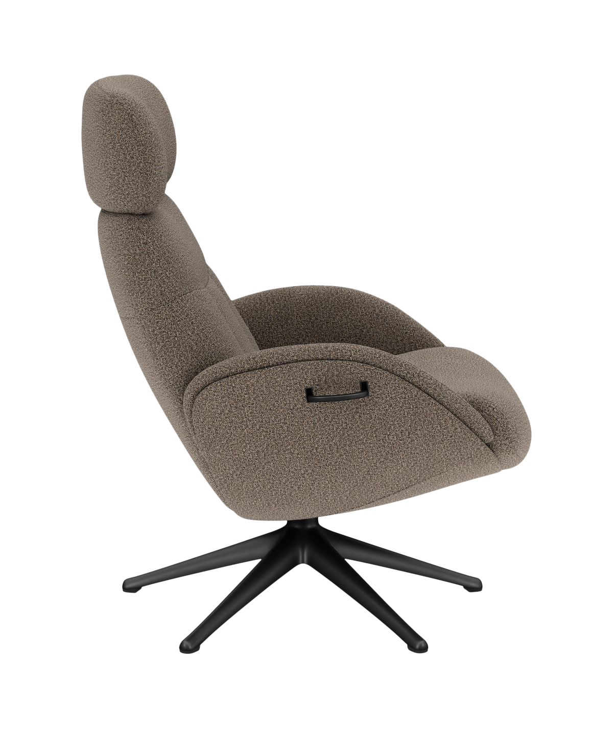 Lounge lænestol i beige bouclé med sort stjerneformet fod, sidevinkel.