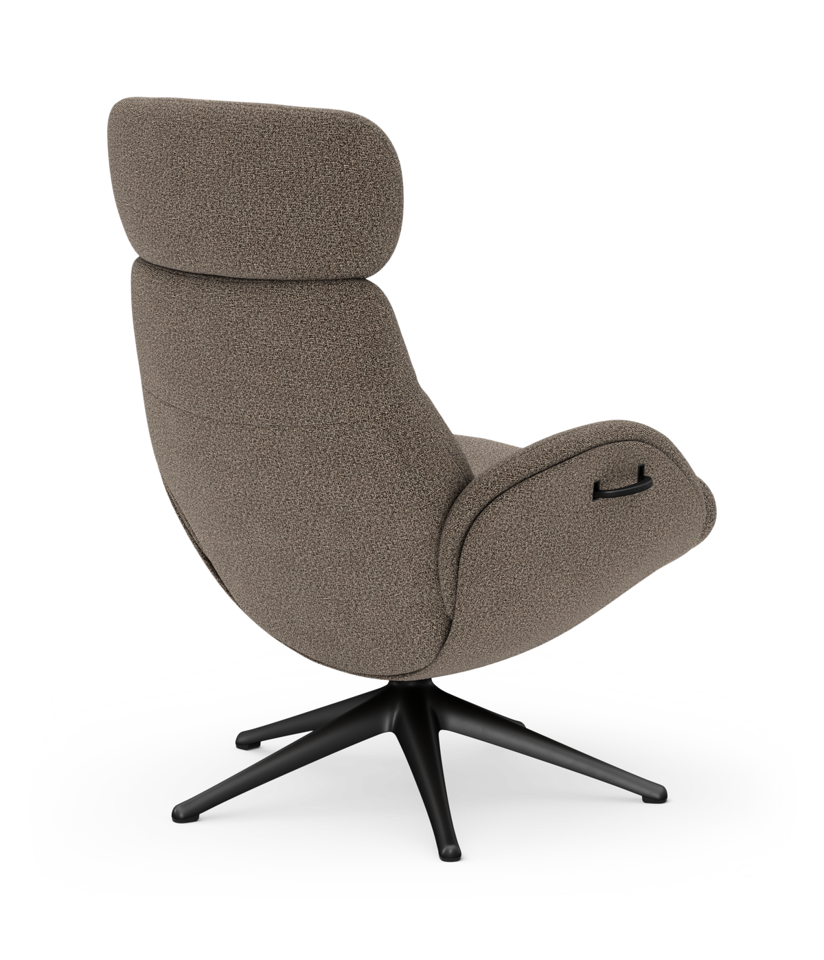 Moderne drejestol i beige bouclé med høj ryg og sort firebenet fod, set bagfra i skråt perspektiv.