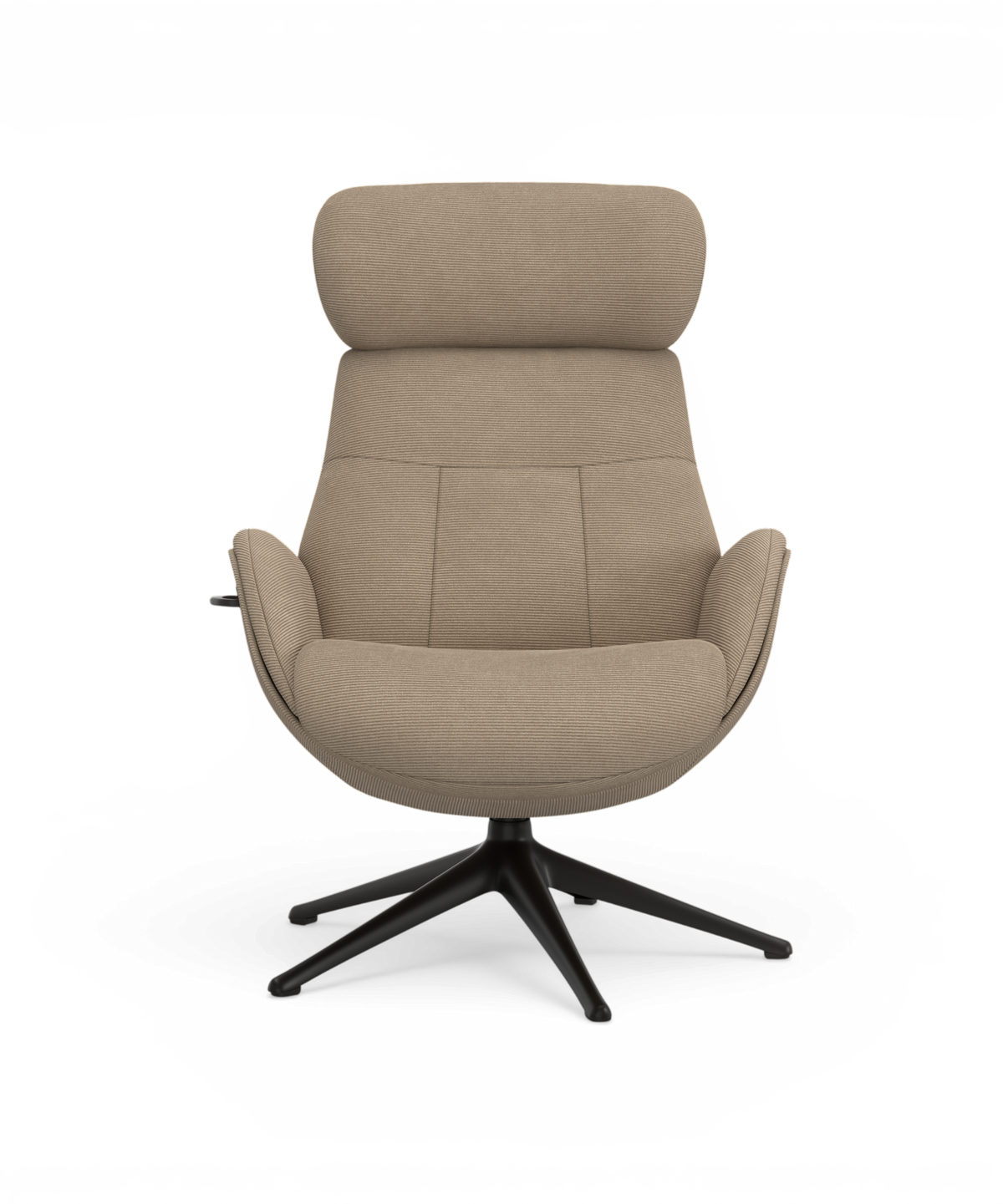 Beige drejelig loungestol med høj ryg, armlæn og sort firestjernet fod, set forfra.