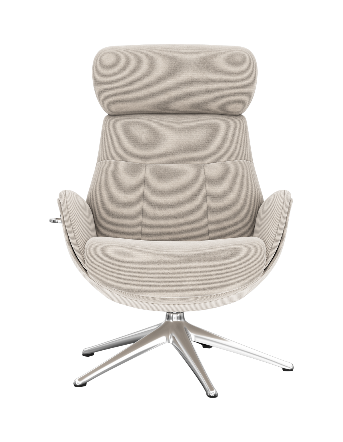 Beige moderne lænestol med høj ryg og krom drejefod, frontvist på hvid baggrund.
