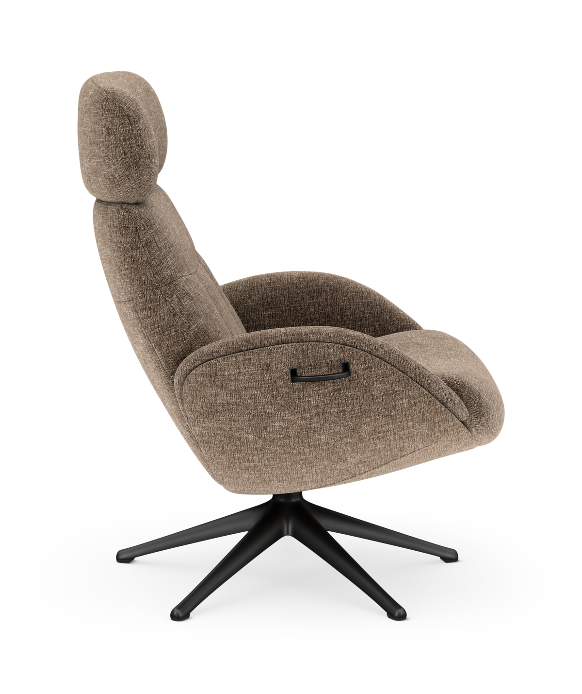 Beige drejestol med nakkestøtte, sort firebenet krydsfod og spak på siden, sidevisning på hvid baggrund.