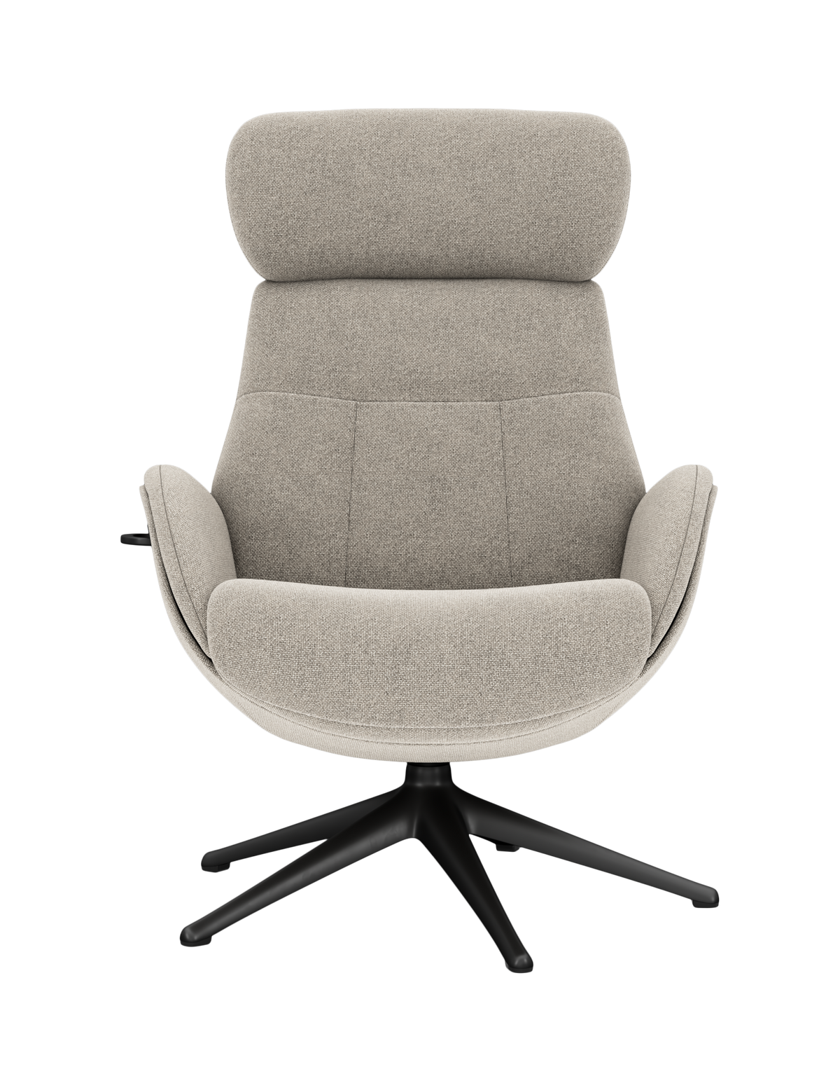 Beige loungestol med høj nakkepude og sort stjerneformet drejefod, set forfra.