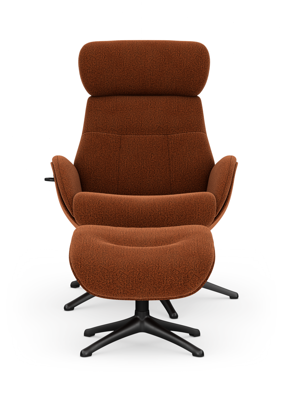 Brun/orange polstret loungestol med høj ryg og sort drejefod, frilagt på hvid baggrund.