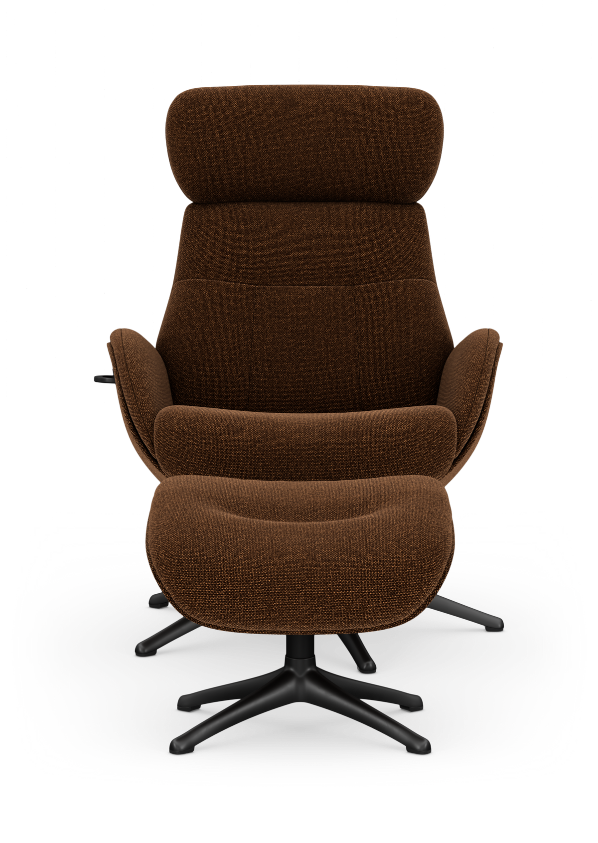 Brun lounge lænestol med drejefod og integreret fodstøtte, frilagt på hvid baggrund.
