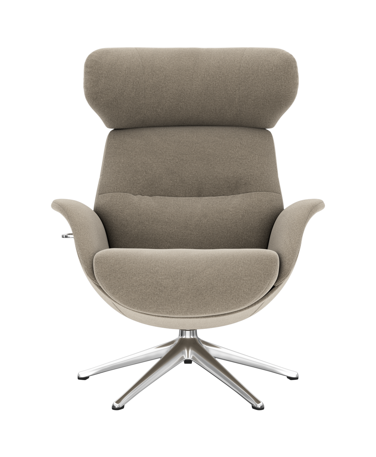 Beige loungestol med høj ryg og krydsformet metalfod, set forfra.