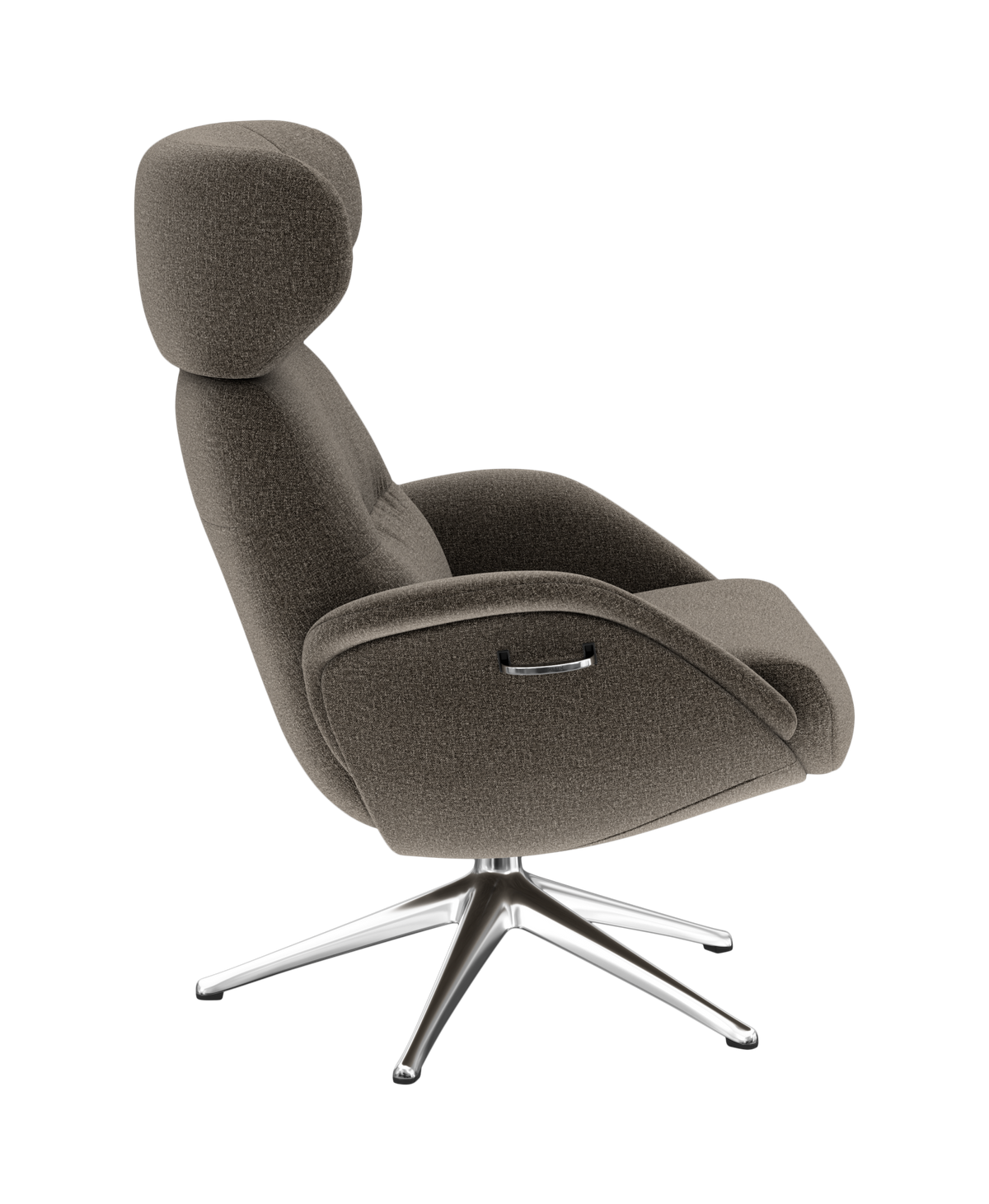Sidevisning af moderne grå loungestol med justerbar nakkestøtte og krom drejefod, frilagt.