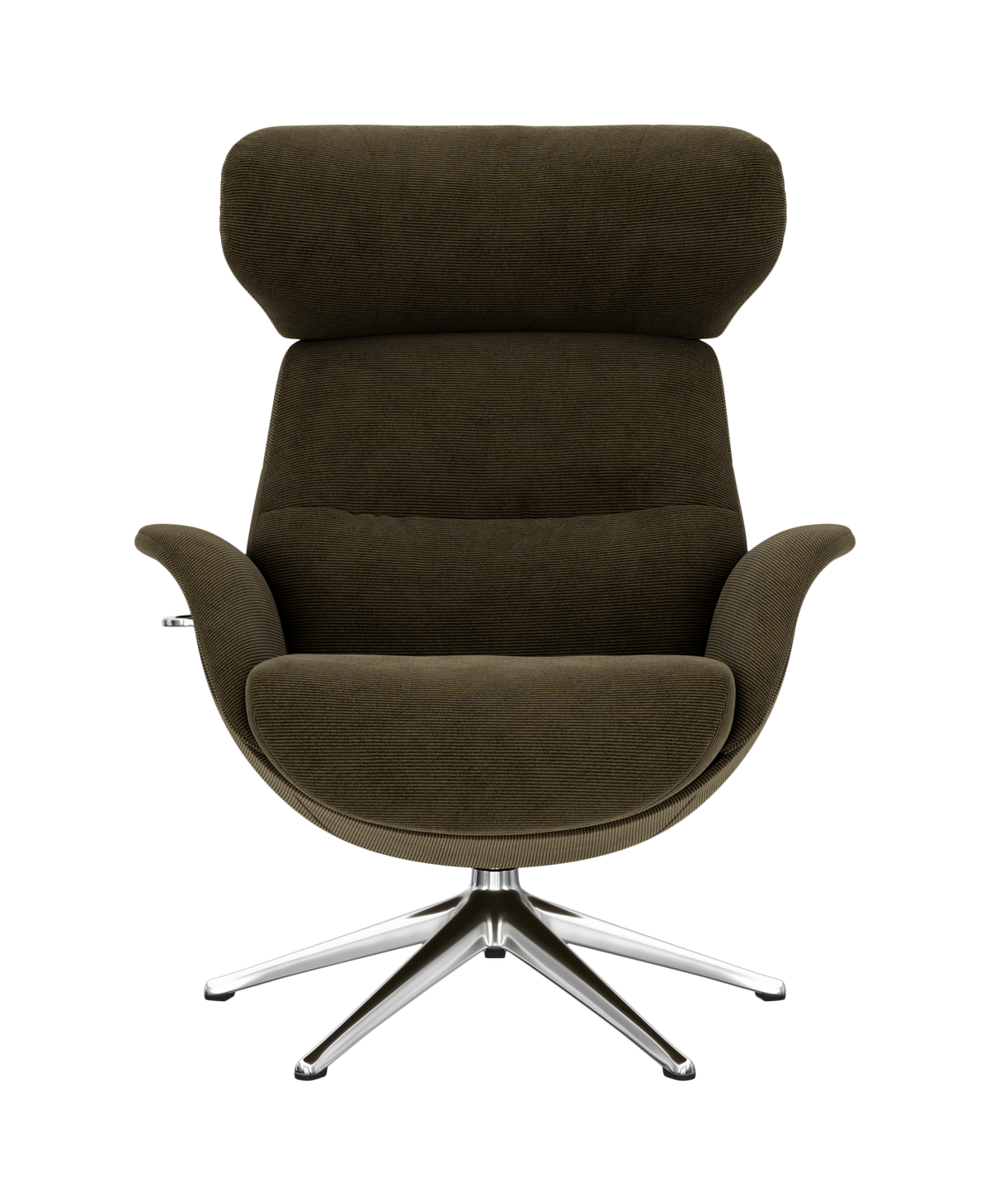 Moderne lounge lænestol i mørkegrøn polstring med metal-drejefod, set forfra.