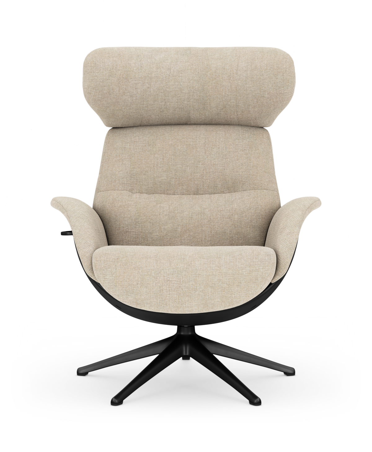 Beige lounge lænestol med høj ryg og vinget nakkestøtte, buede armlæn og sort firestjernet drejefod, frilagt på hvid baggrund.