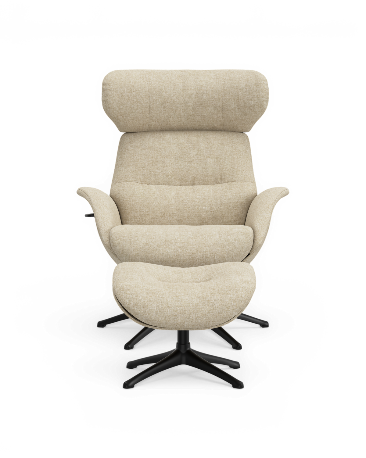 Beige drejestol med høj ryg og udfoldet fodstøtte på sort krydsfod, frilagt mod hvid baggrund.
