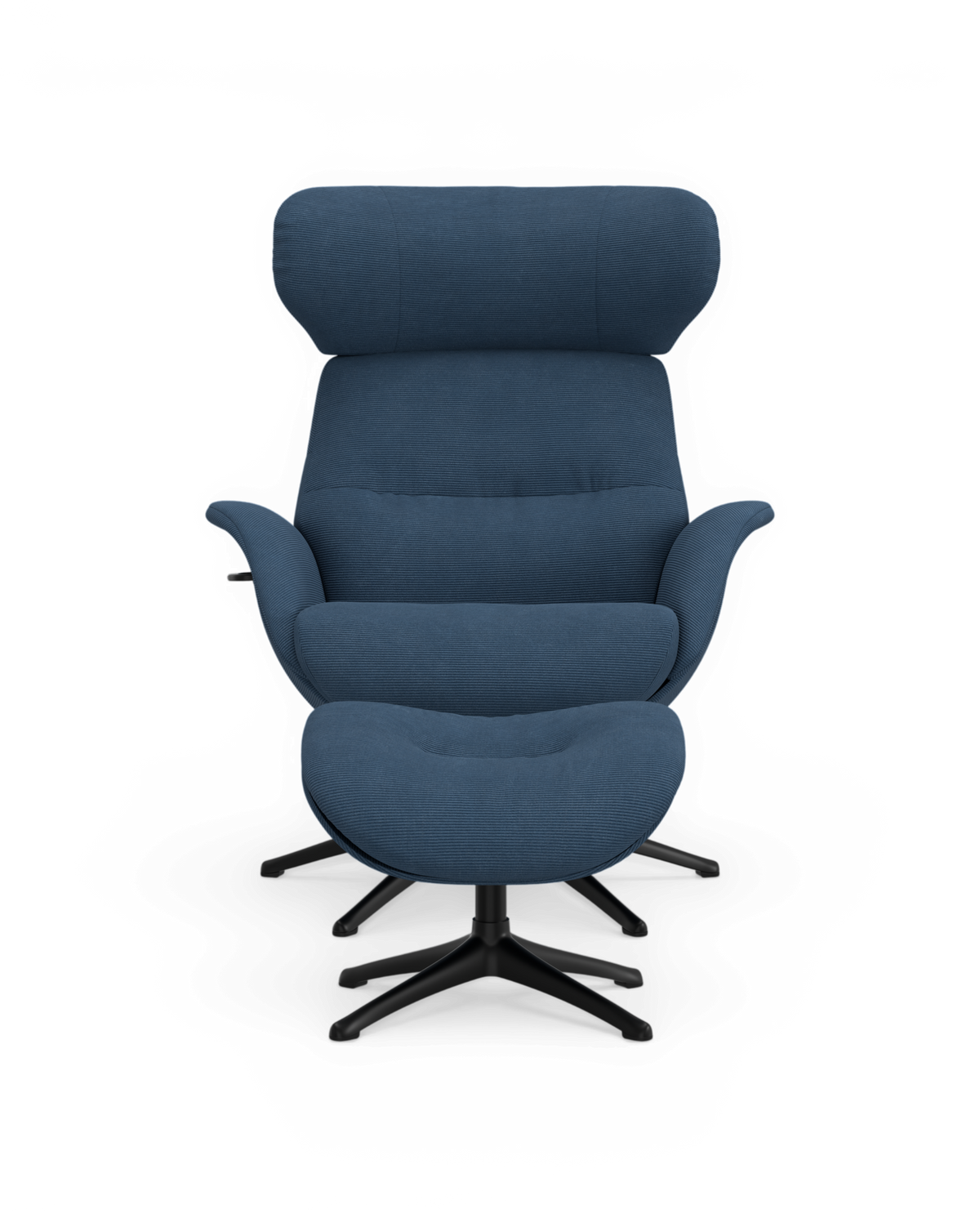 Blå polstret recliner/lænestol med drejelig sort krydsfod, frontvisning.
