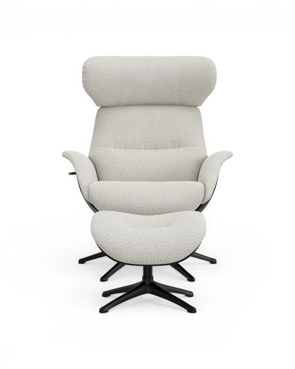 Lysebeige reclinerlænestol med matchende skammel og sort drejefod, frontvisning, frilagt.