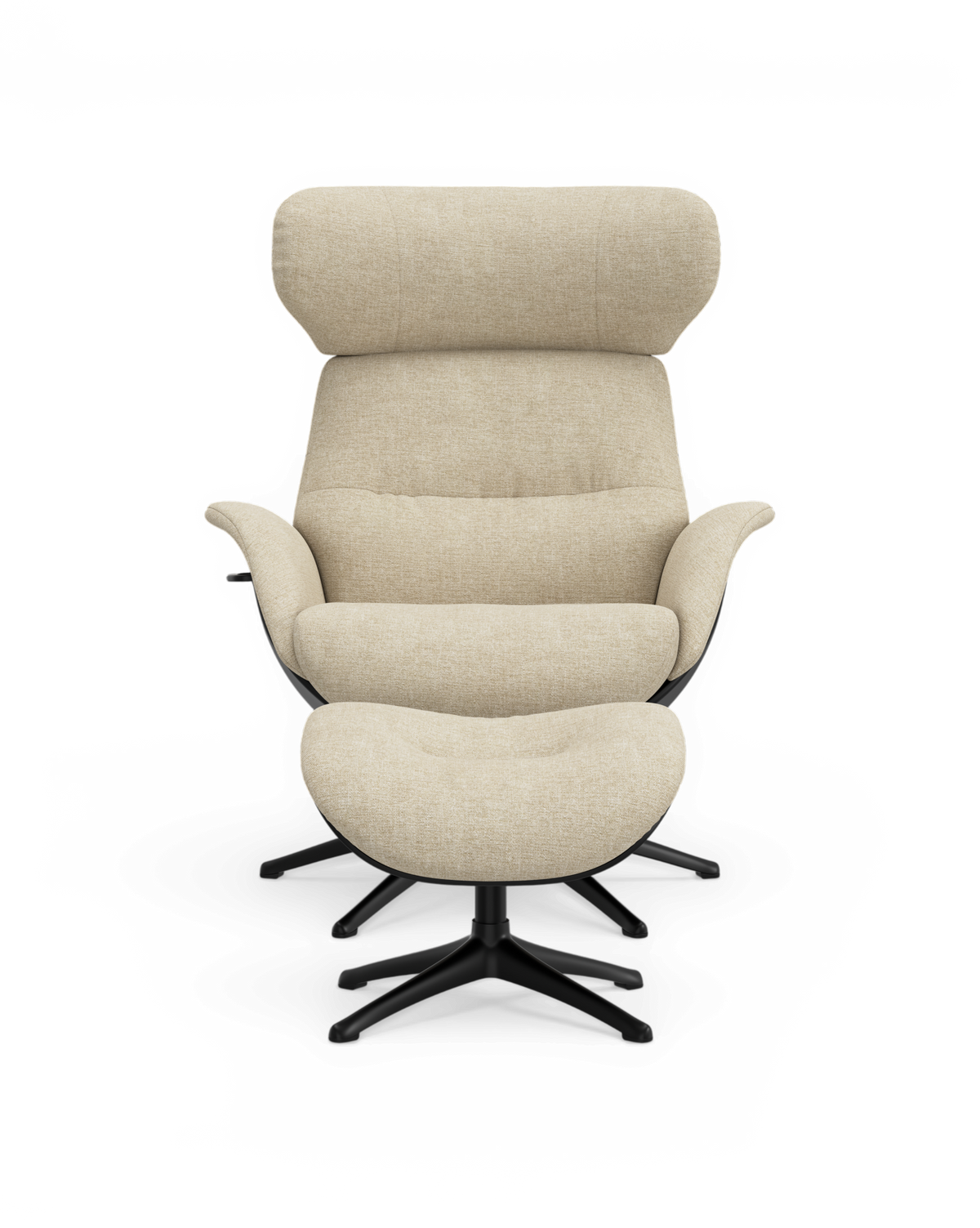 Beige lænestol med høj ryg og fodstøtte på sort drejefod, frontvisning.
