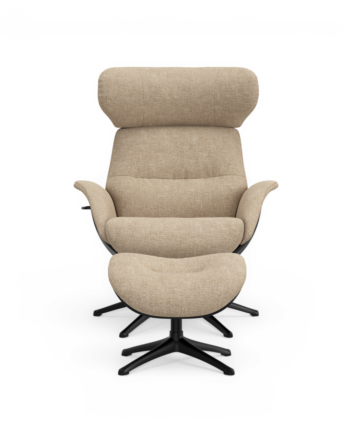 Beige recliner lænestol med integreret fodstøtte på sort drejefod, frontvisning, fritlagt.