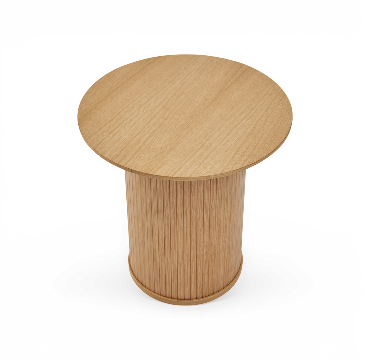 Rundt sidebord i eg med riflede, cylindrisk sokkel.