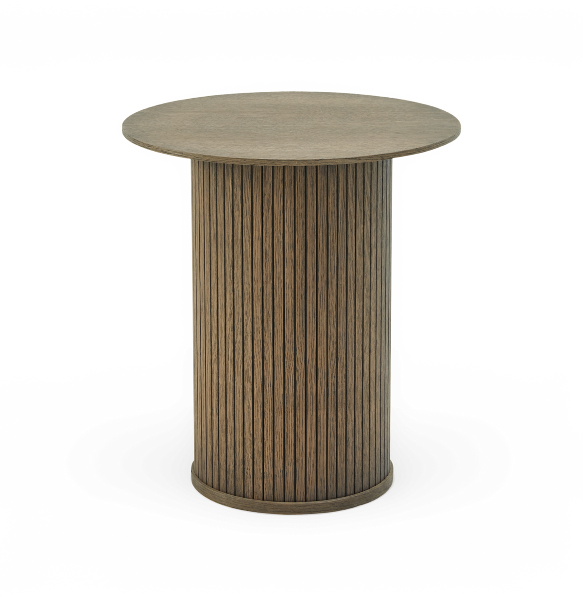 Rundt spisebord i træ med riflet, cylindrisk søjlefod.