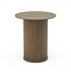Rundt spisebord i træ med riflet, cylindrisk søjlefod.