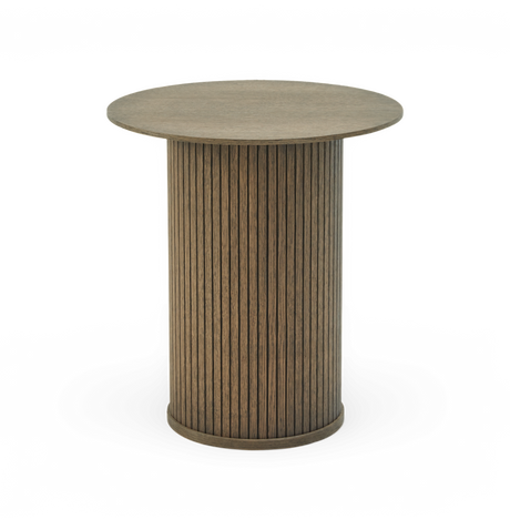 Rundt spisebord i træ med riflet, cylindrisk søjlefod.