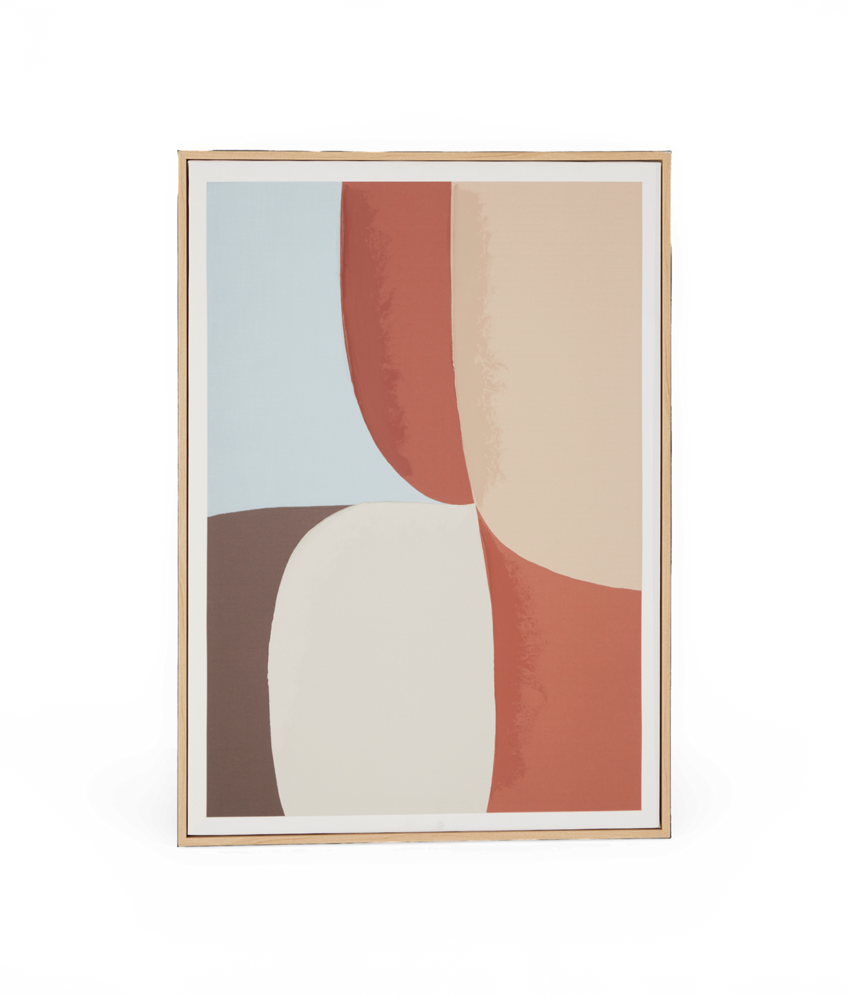 Indrammet abstrakt plakat med geometriske former i terracotta, beige, lyseblå og offwhite i en lys træramme.