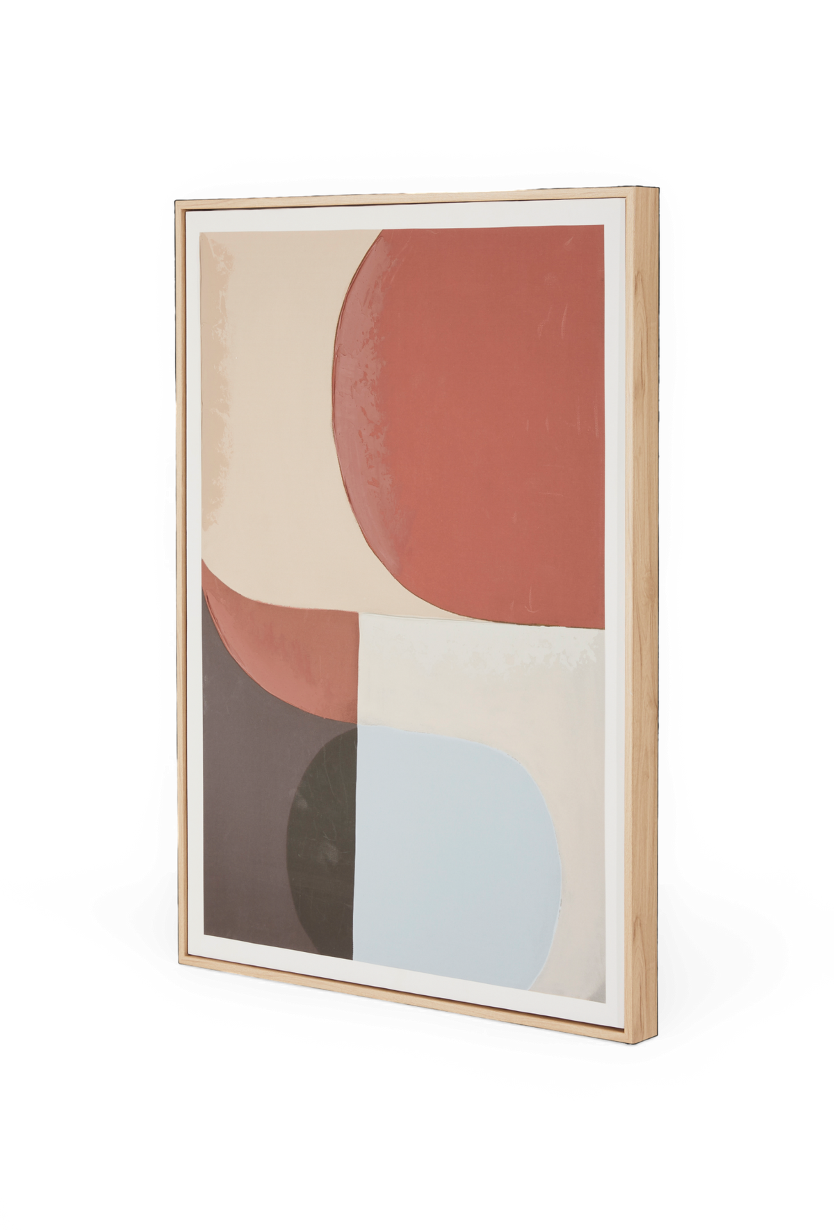 Indrammet abstrakt kunsttryk med geometriske former i terrakotta, beige, grå og lyseblå i træramme.