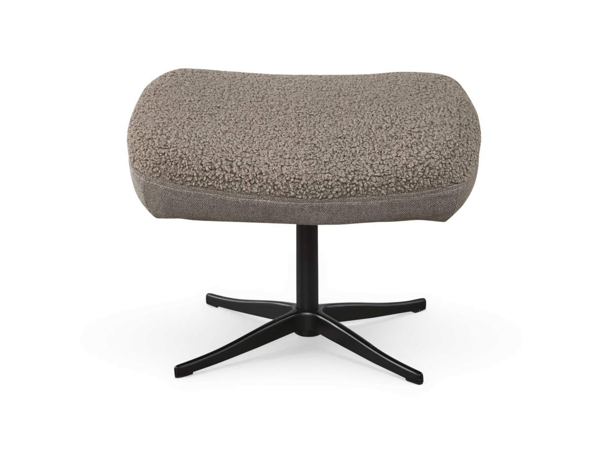 Fodskammel i taupe bouclé med sort firestjernet metalfod, frilagt produktbillede.