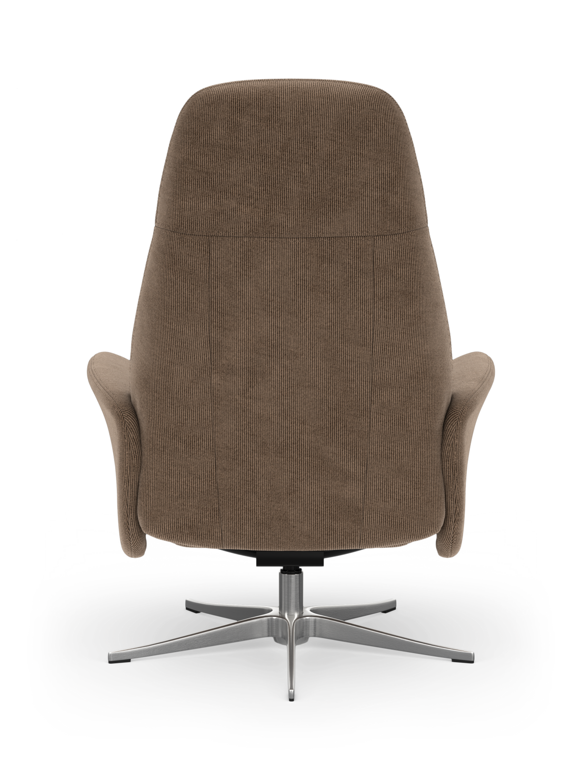 Beige stoflænestol med høj ryg og drejefod i metal med stjerneformet base.
