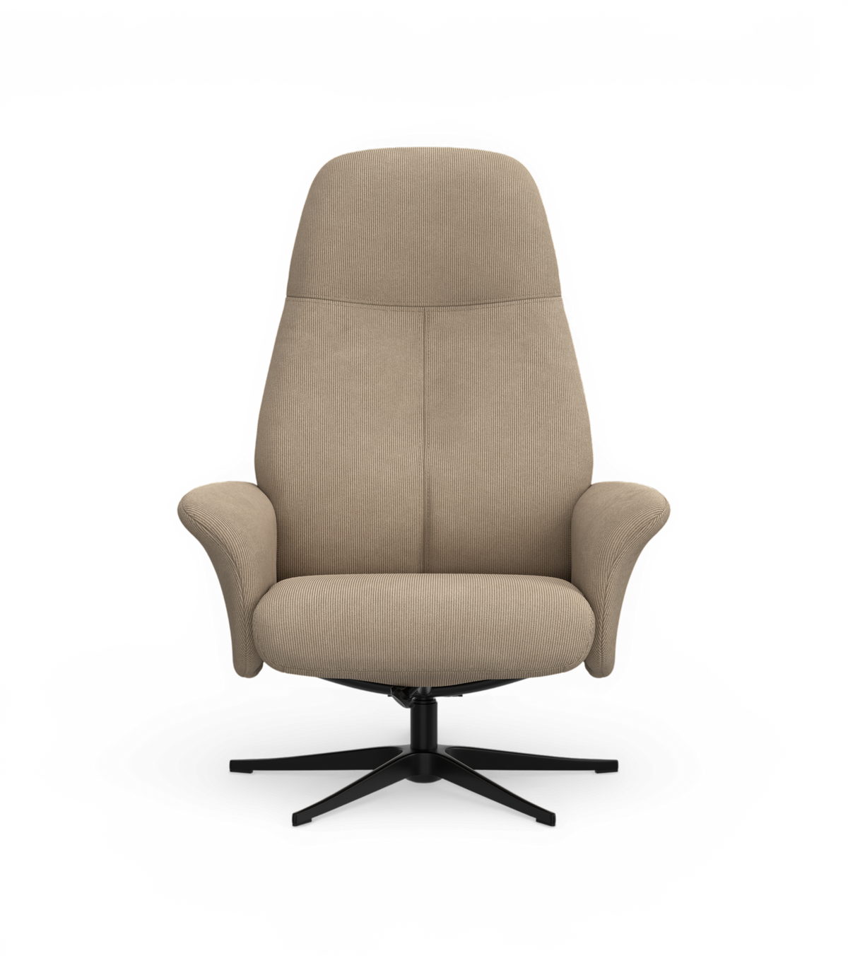 Beige loungestol med drejbart sort krydsstel i frontvisning.