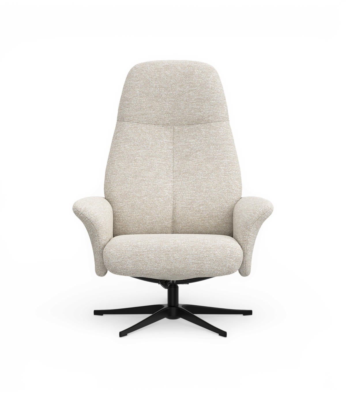 Beige drejestol med høj ryg og sort stjerneformet metalfod, set direkte forfra.