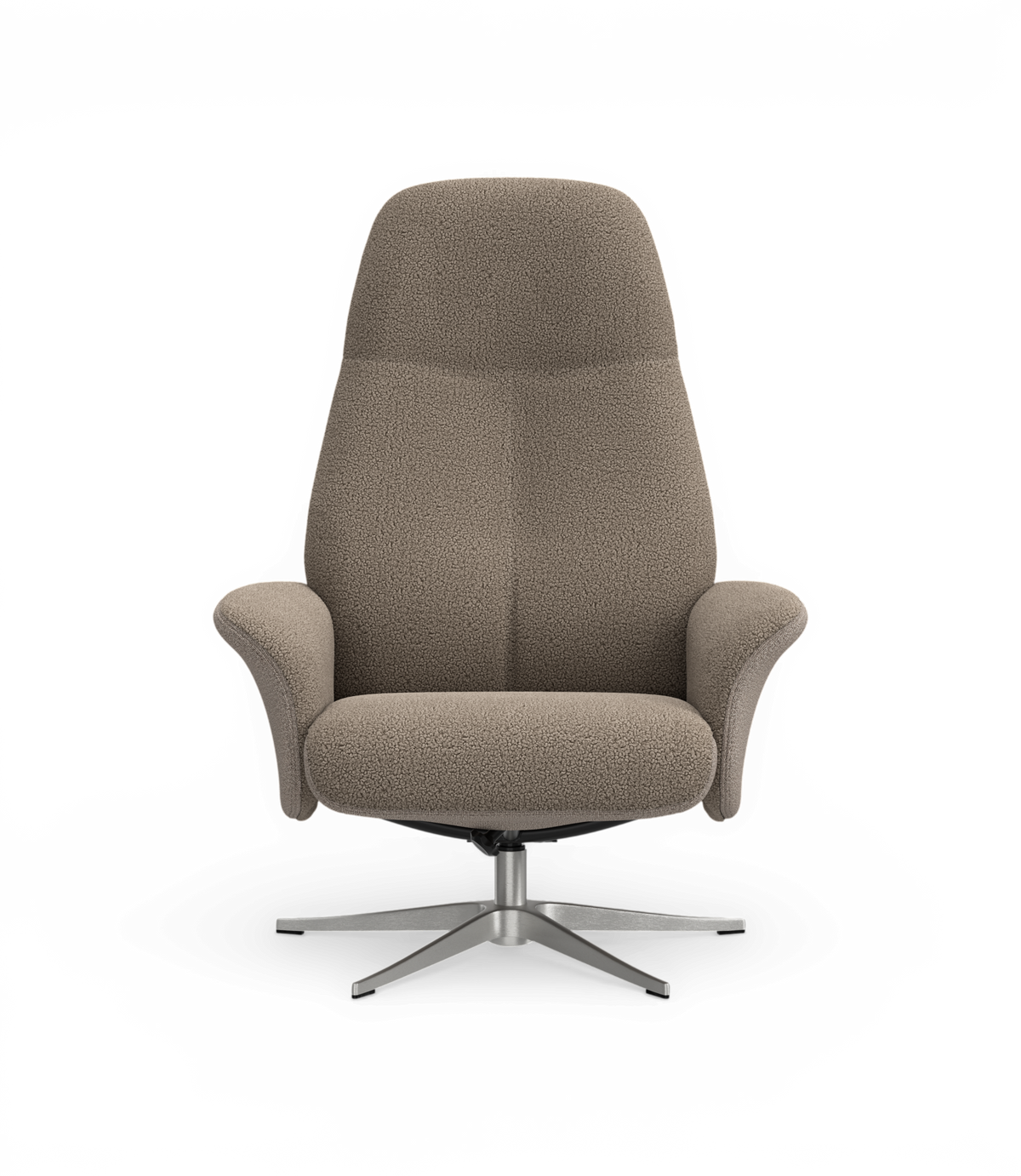 Frontvisning af en taupe/beige bouclé lænestol med drejefod i metal på hvid baggrund.