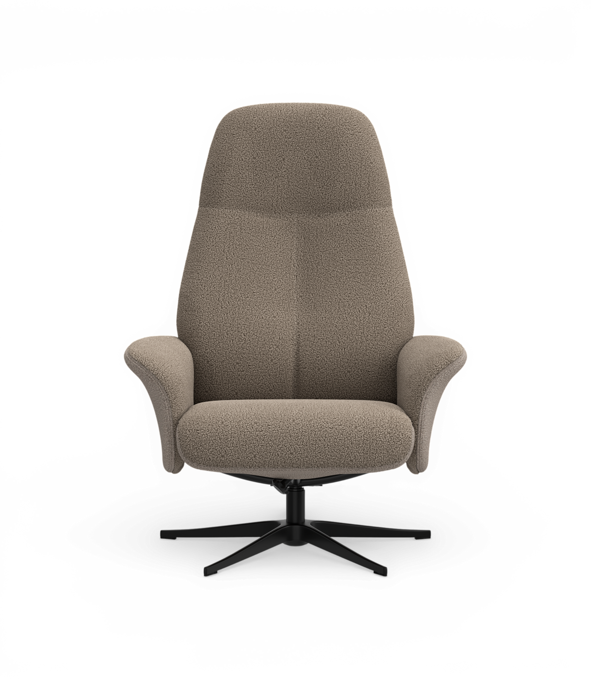 Beige bouclé loungestol med sort drejefod i stjerneform, frontvisning.