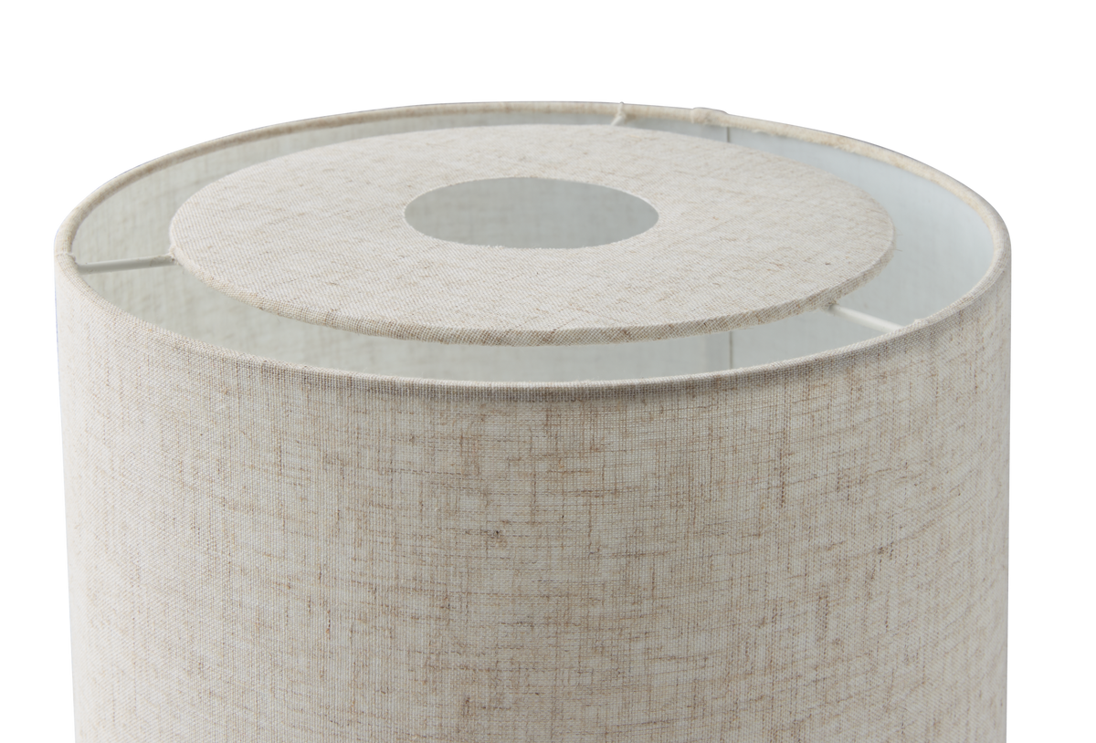Cylindrisk lampeskærm i beige linned‑look med topring og centeråbning.