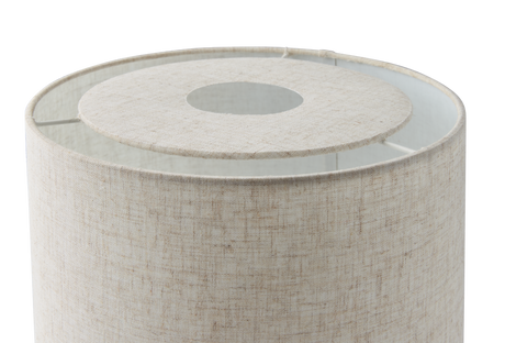 Cylindrisk lampeskærm i beige linned‑look med topring og centeråbning.