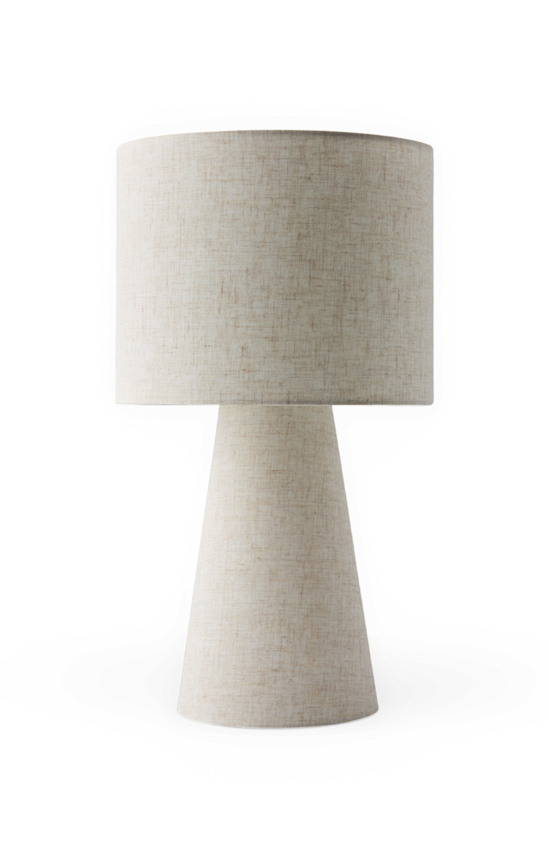 Beigefarvet bordlampe i stof med cylindrisk skærm og kegleformet fod.
