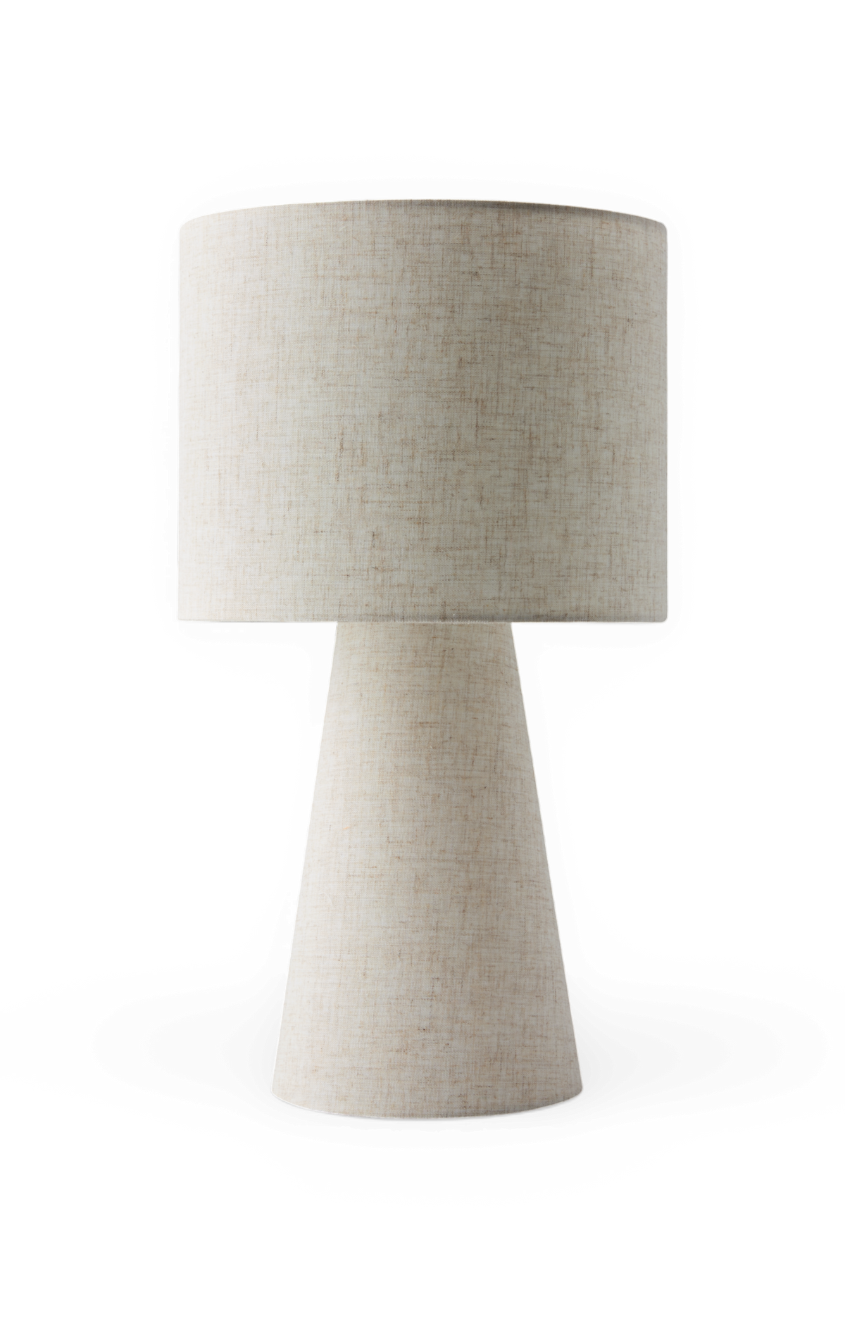 Beigefarvet bordlampe i stof med cylindrisk skærm og kegleformet fod.
