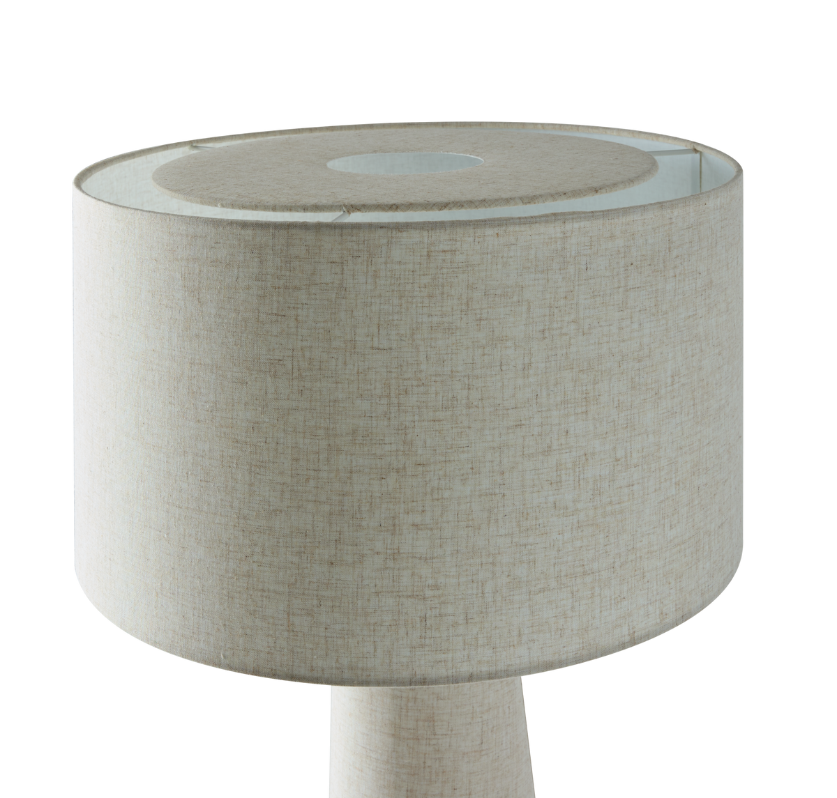 Beige lampeskærm i tekstil, frilagt produktfoto.