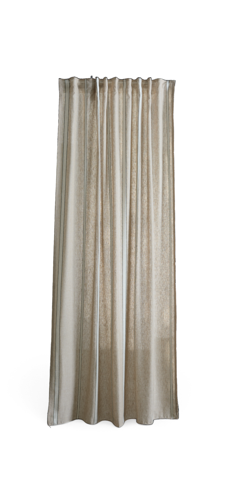 Beige, semitransparent gardin med lodrette striber.