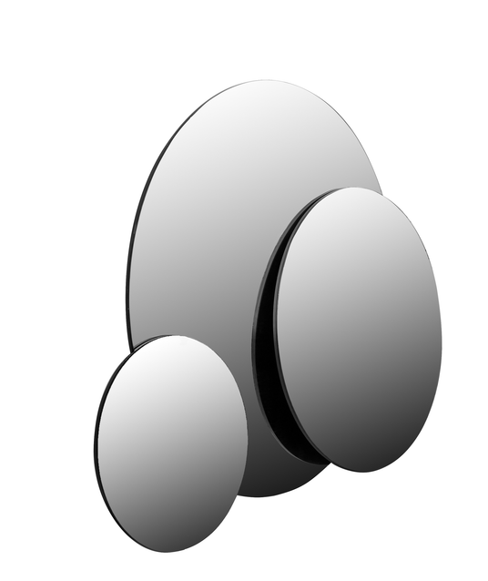 Tre runde vægspejle i forskellige størrelser, delvist overlappende, med sort kant på hvid baggrund.