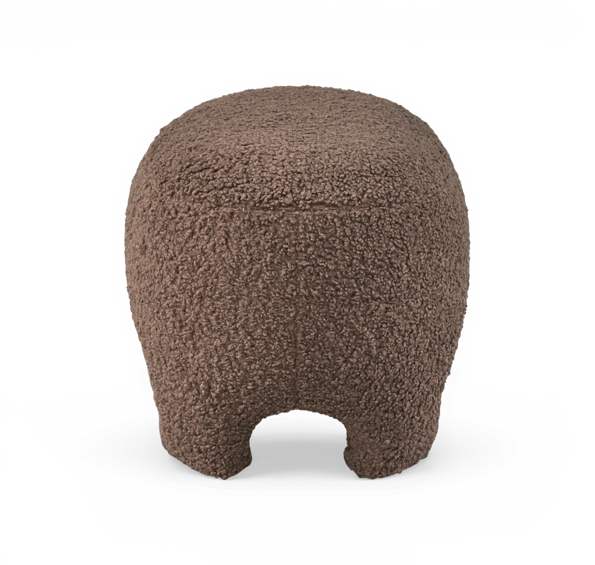 Brun bouclé-puf/ottoman med rund form og udskåret base.