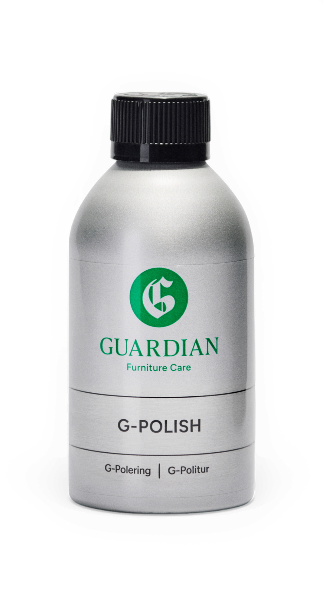 Sølvfarvet flaske med sort låg: Guardian Furniture Care G‑POLISH, markeret "G‑Polering | G‑Politur".