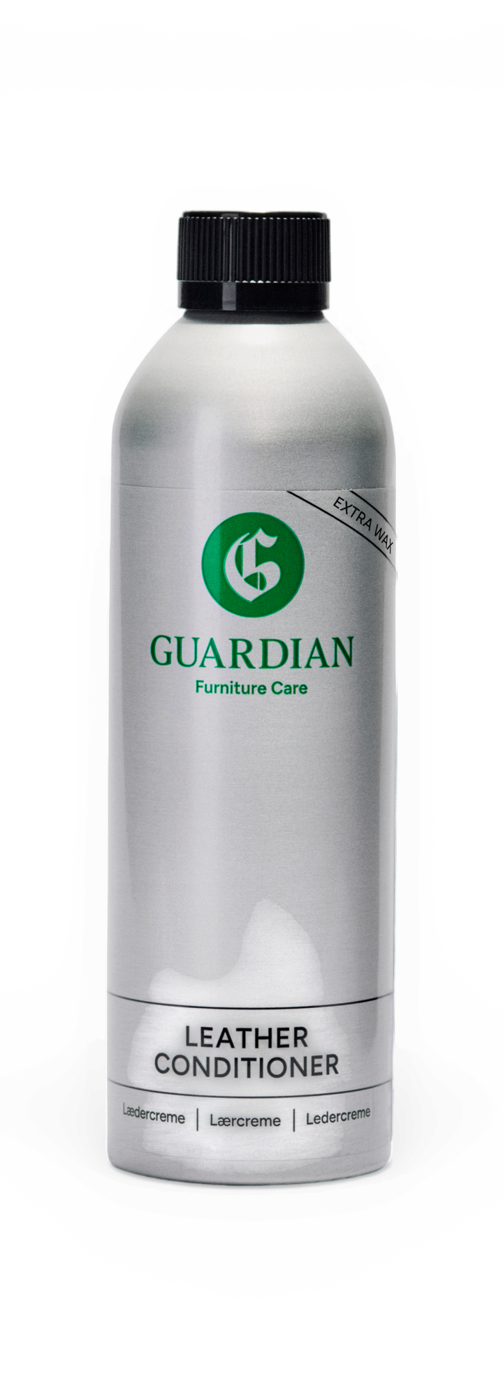 Guardian Furniture Care Leather Conditioner med ekstra voks i sølvfarvet flaske.