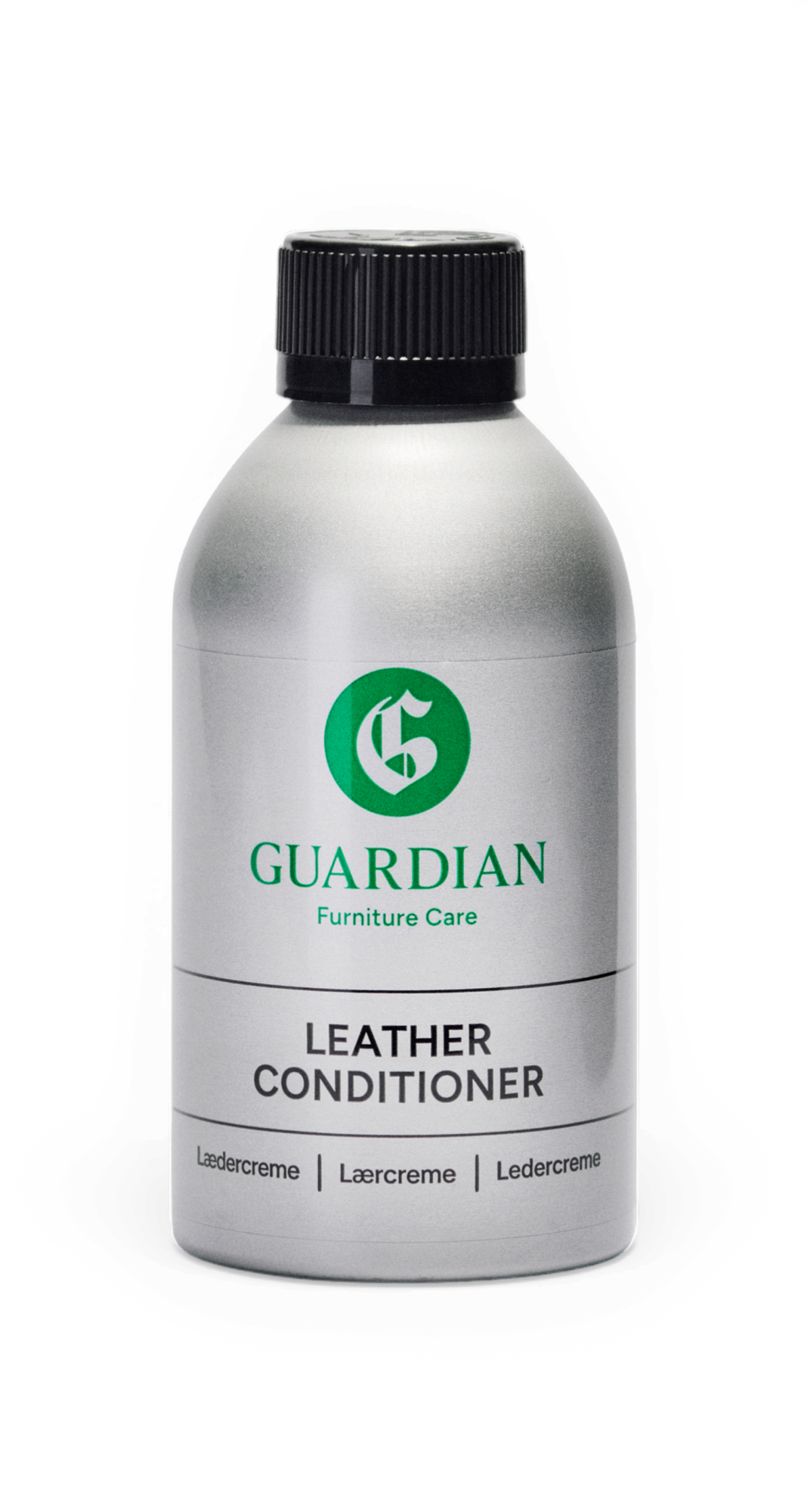 Guardian Furniture Care Leather Conditioner – sølvgrå flaske med sort låg; Lædercreme | Lærcreme | Ledercreme.