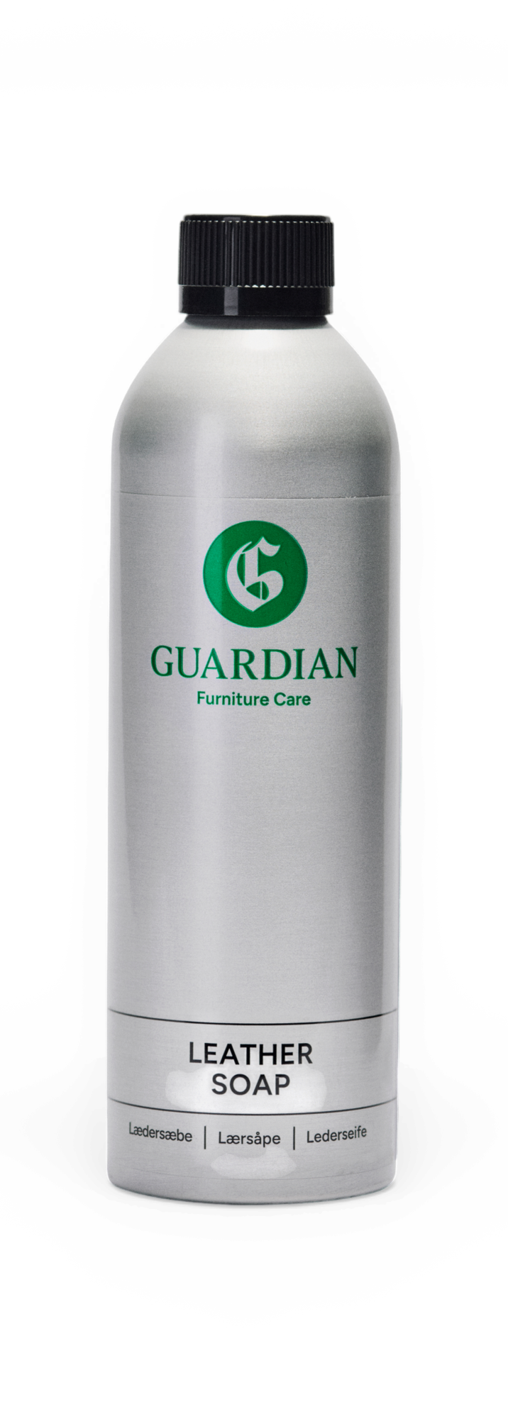 Guardian Furniture Care lædersæbe i sølvfarvet flaske med sort låg