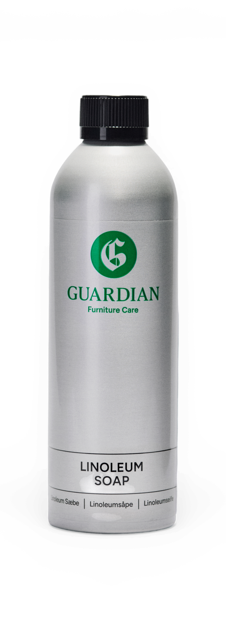 Sølvfarvet flaske med sort låg: Guardian Furniture Care – Linoleum Soap; nederst: Linoleum Sæbe | Linoleumsåpe | Linoleumseife.