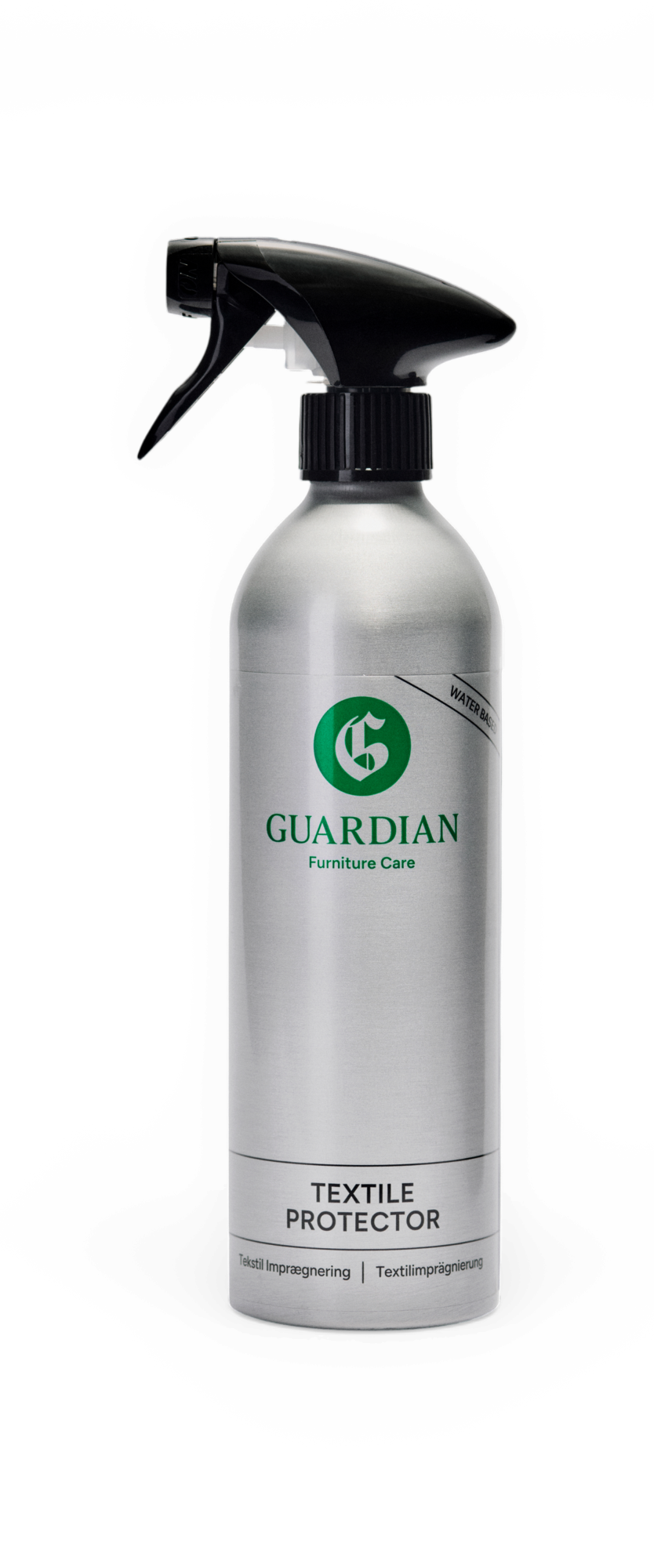 Guardian Furniture Care Textile Protector, vandbaseret tekstilbeskyttelse i sølvfarvet sprayflaske.