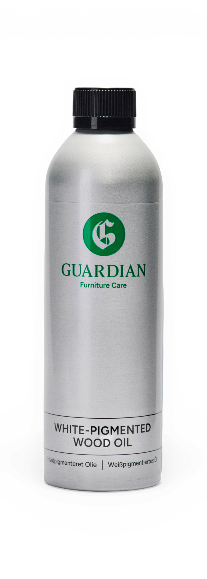 Guardian Furniture Care hvidpigmenteret træolie i sølvfarvet flaske med sort låg.