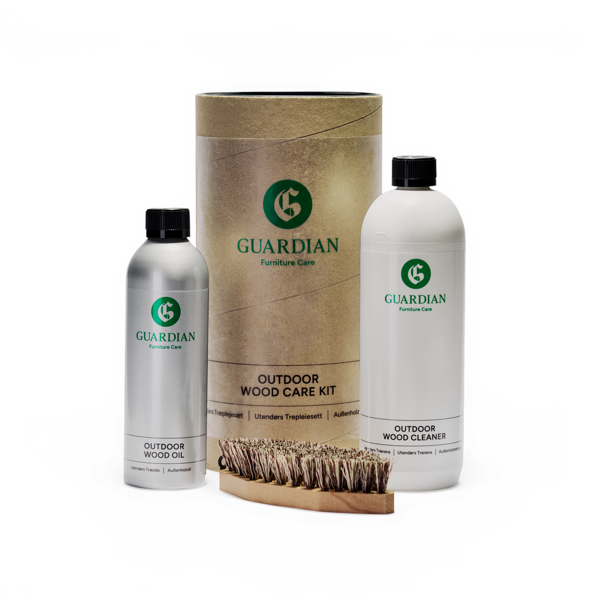 Guardian Furniture Care – Outdoor Wood Care Kit med Outdoor Wood Oil, Outdoor Wood Cleaner og børste.