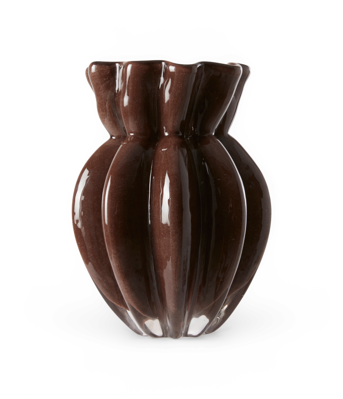 Glaseret brun keramisk vase med rillet, foldet krop og snøret åbning.