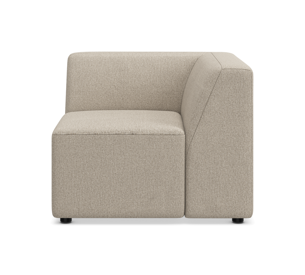 Beige modulsofa, hjørnemodul set forfra på hvid baggrund.