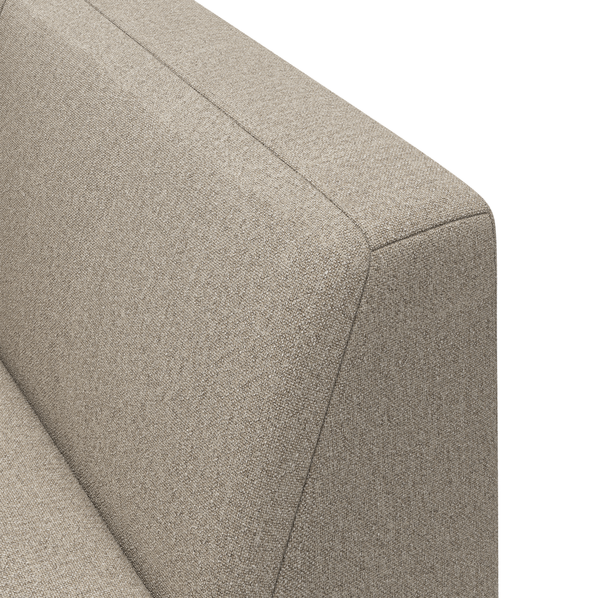 Nærbillede af et beige stofsofas ryglæn med rene syninger.