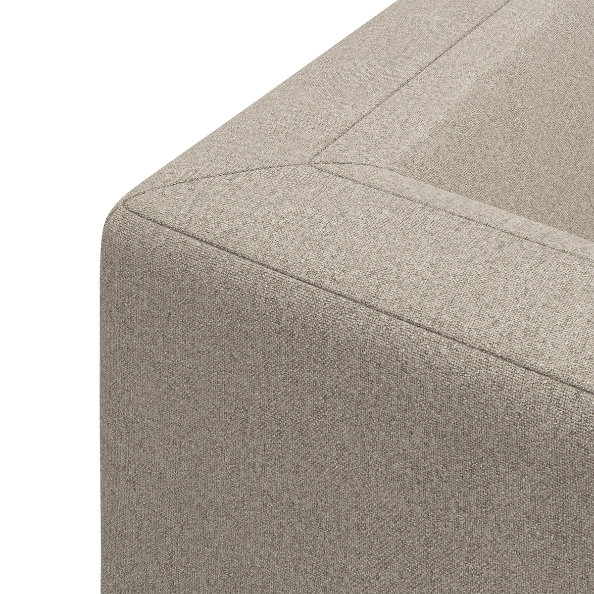 Nærbillede af beige stofsofas hjørne med markerede syninger.